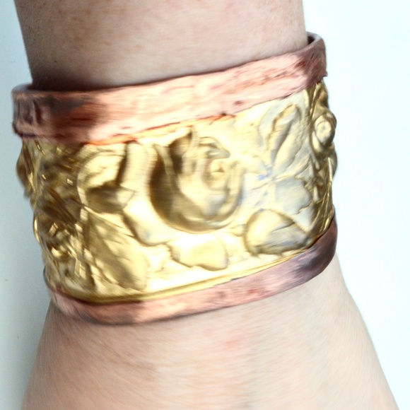 Rose Brass Copper Cuff Bracelet Wide Bohemian Repoussé Handmade Brutalist Rustic - Picture 7 of 8